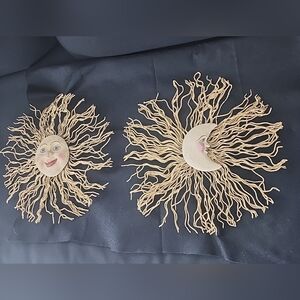 Vintage Sun Moon Face Wall Hangings Whimsical Celestial Decor Ceramic Metal